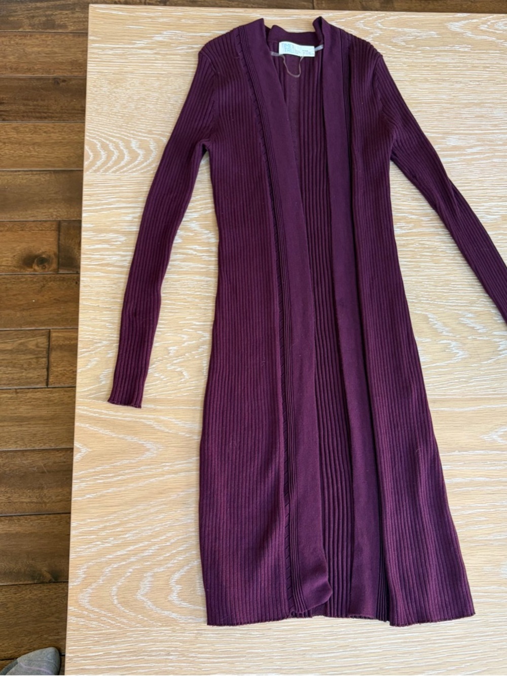 Time and Tru Plum Ribbed Open-Front Longline Cardigan